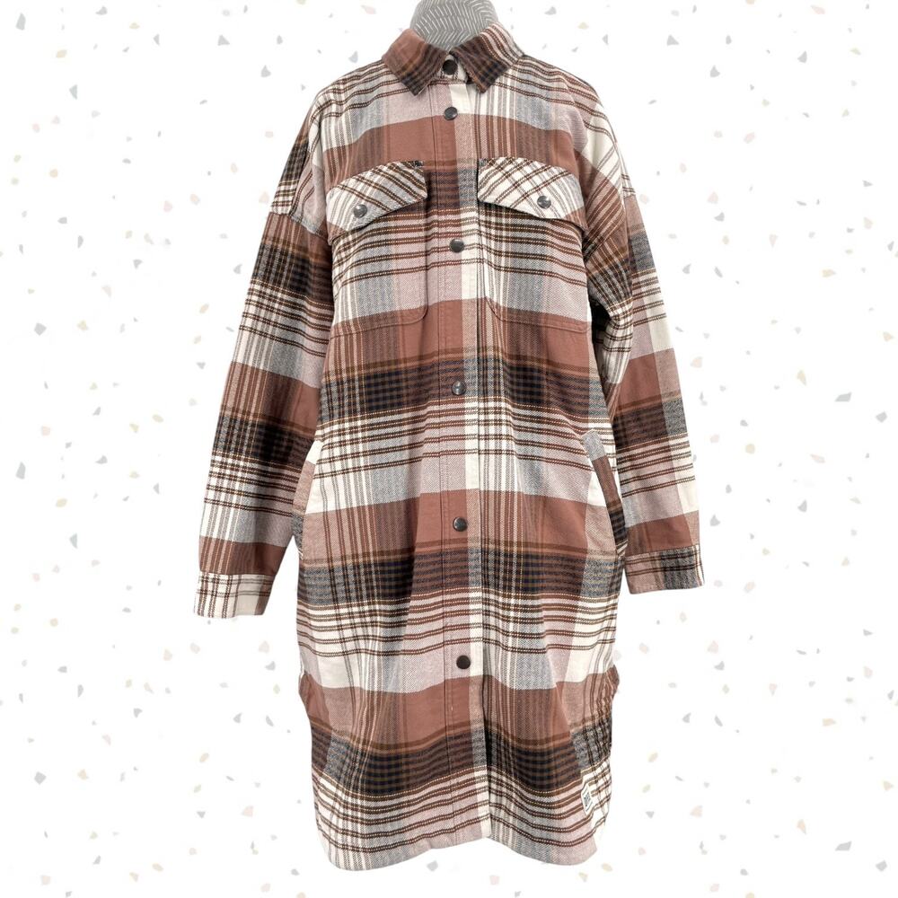 Duluth Trading Folklore Duster Plaid Flannel Quilted Insulated Jacket Tan Blue L